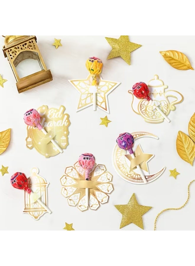 48PCS Eid Mubarak Lollipop Holder Cards – White, Green & Gold Moon Star Design Paper Candy Covers for Ramadan & Eid Al-Fitr Party Favors - Image 3